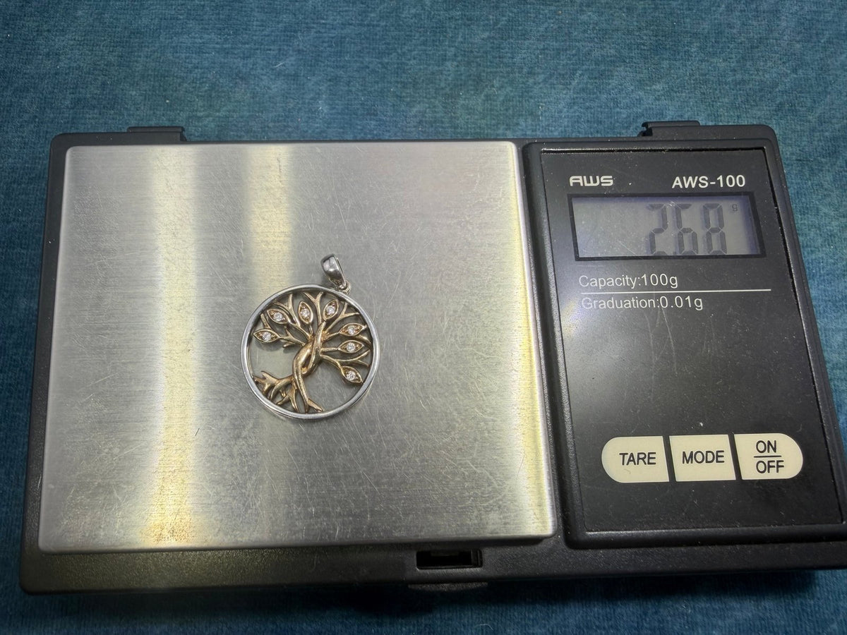 10k Gold + 925 Silver Rooted Tree w Diamond Leaves Circle Pendant