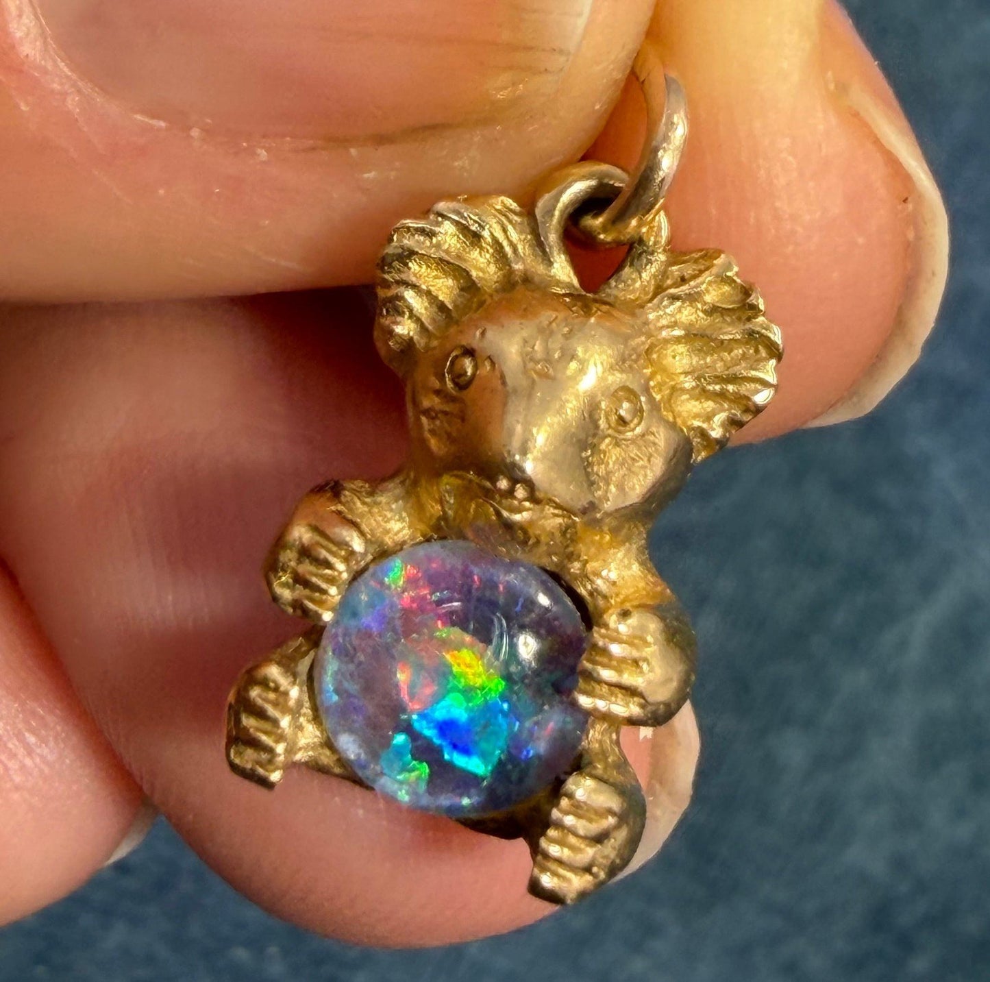 10k Gold Australian Black Opal Triplet KOALA BEAR Pendant *Video*