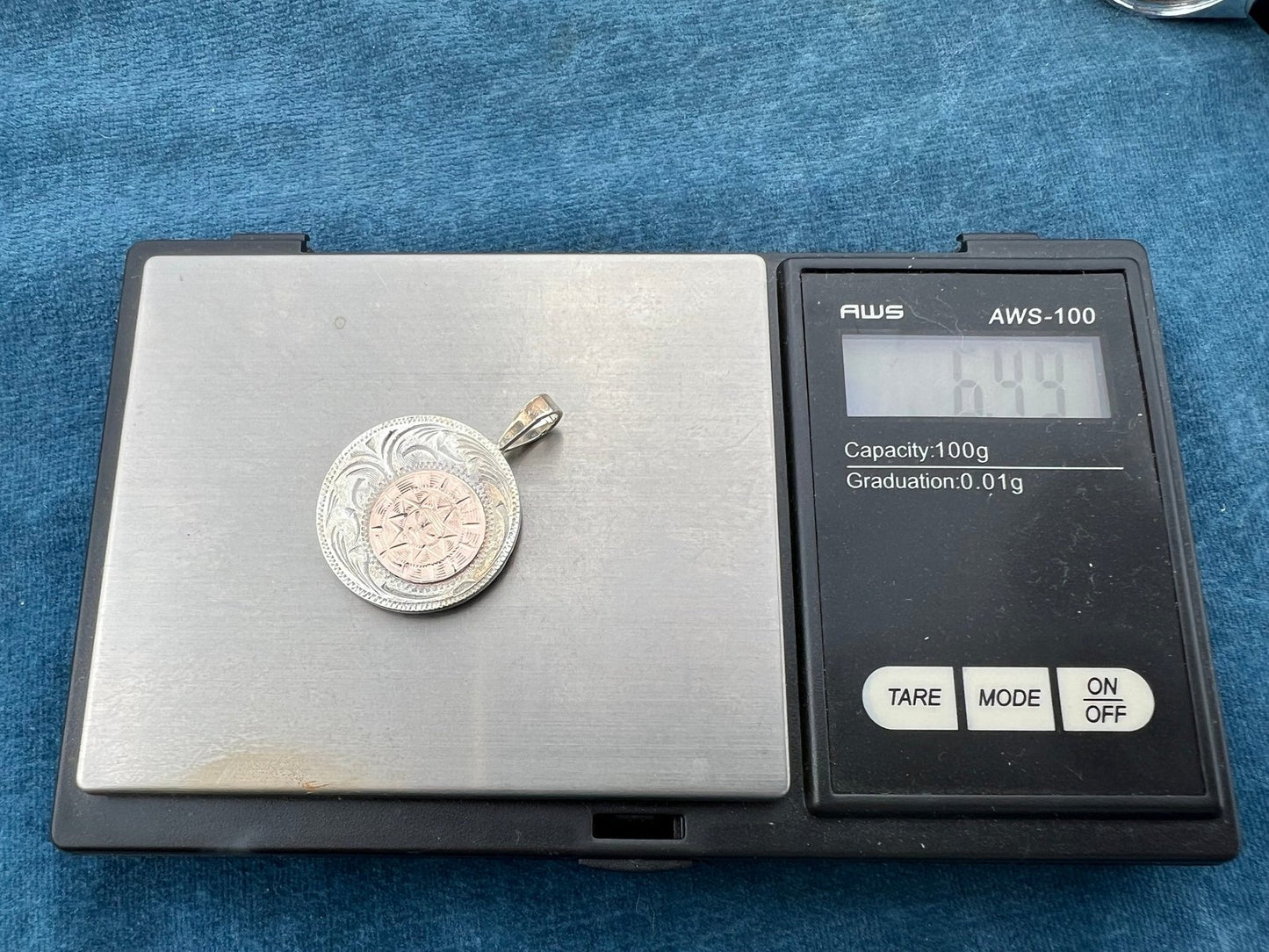 10k Gold Aztec Sunburst on Silver Disk Pendant. Mexico 1.2" + 6.5g L