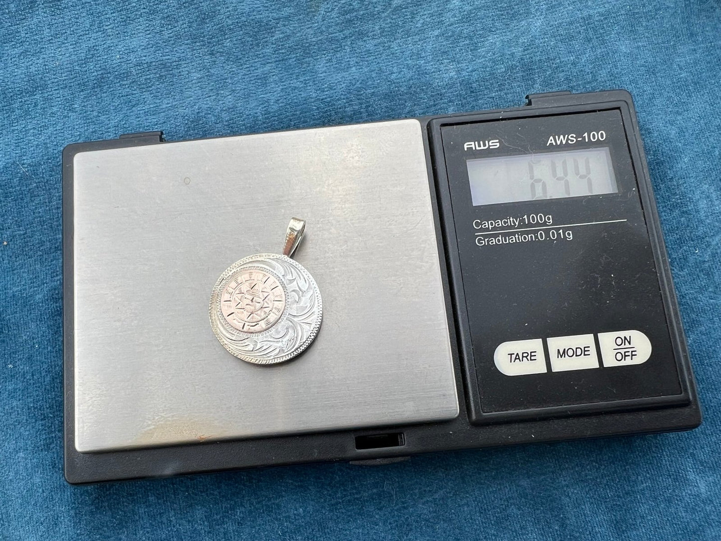 10k Gold Aztec Sunburst on Silver Disk Pendant. Mexico 1.2" + 6.4g L