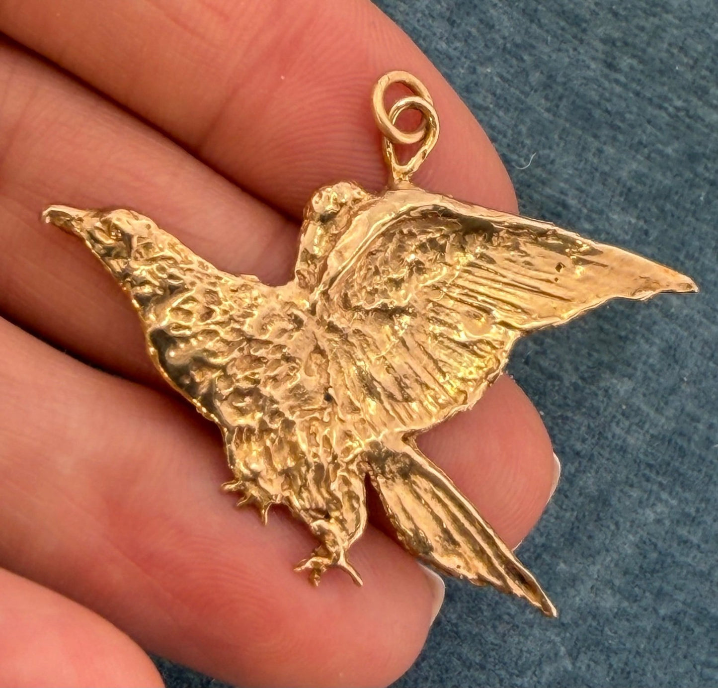 10k Gold Carved American Hawk Falcon Eagle Pendant. 1.75" Wide