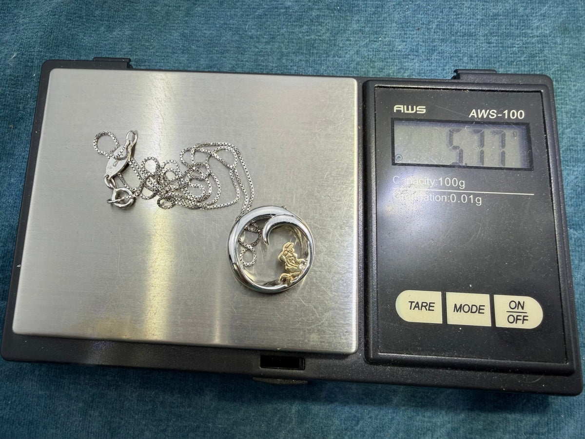 10k Gold Little Mermaid in Silver Ocean Wave Circle Pendant. Free Chain