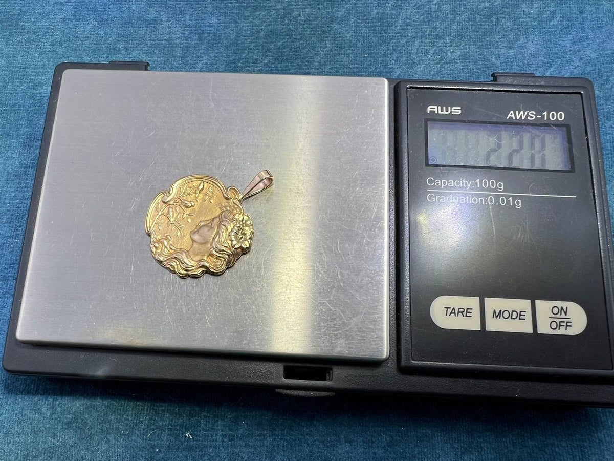10k Gold Repousse Maiden w 3 Birds Pendant. Art Nouveau. 1.1"