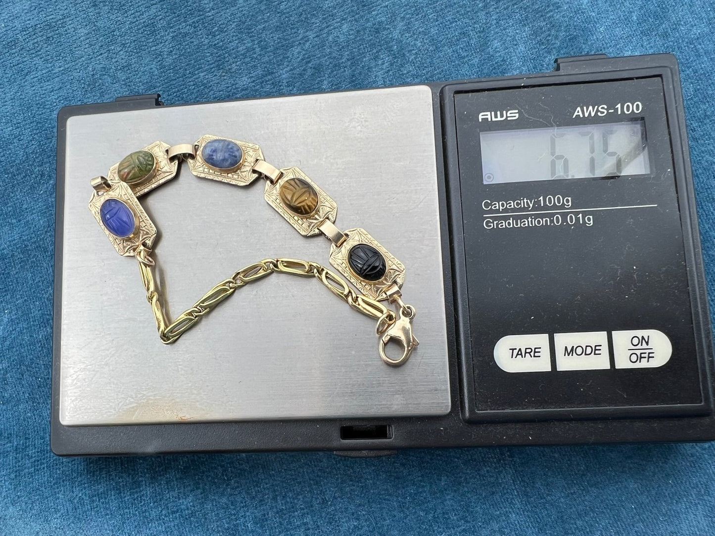 10k Gold SCARAB Multi-Gem Panel Bracelet. Carved Stones