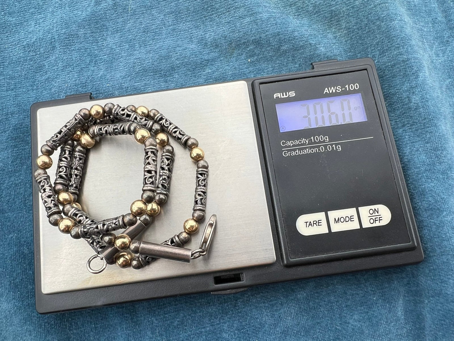 10k Gold + Silver Tribal Lantern Bead Chain Necklace. 38g