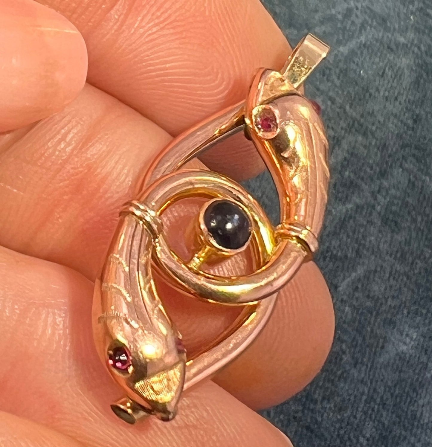 10k Gold Victorian 2 Coiled SNAKES Pendant. Ruby Eyes