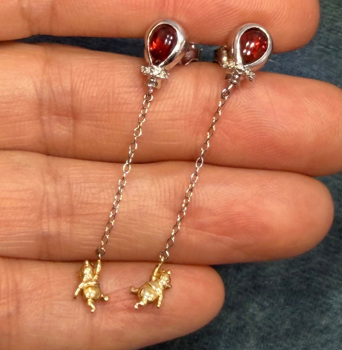 10k Gold Winnie the Pooh Earrings w 925 Silver Garnet Cabochon Balloons