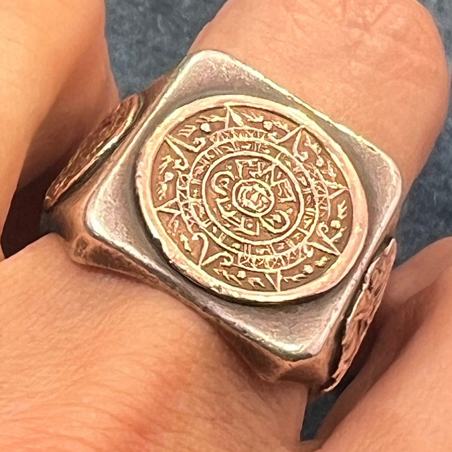 10k Yellow Gold & 925 Mayan Aztec Calendar Wide Signet Ring. 15g + 3/4"