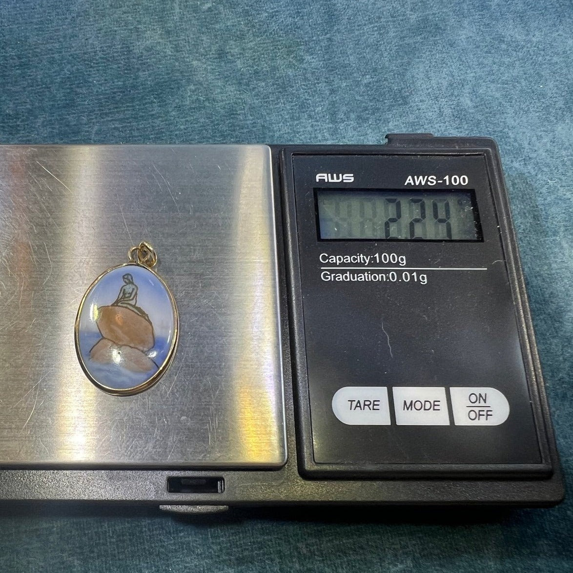 10k Yellow Gold Hand-Painted LITTLE MERMAID Pendant. Hans C. Andersen