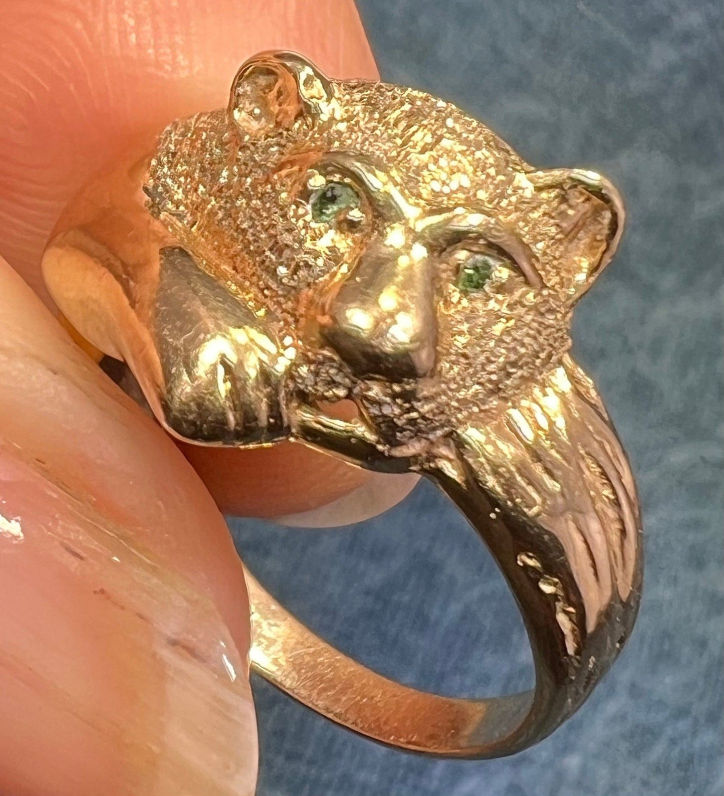 10k Yellow Gold PANTHER Cub ring with Green Diamond Eyes