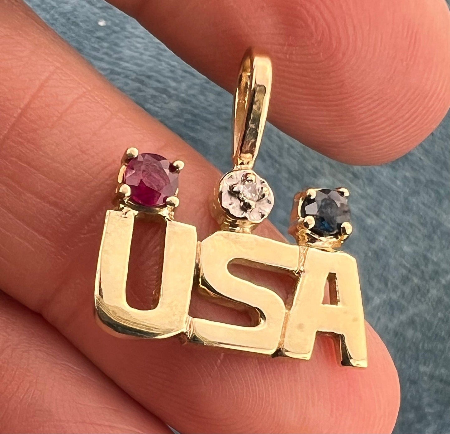 10k Yellow Gold USA Olympics Pendant w Diamond, Sapphire + Ruby