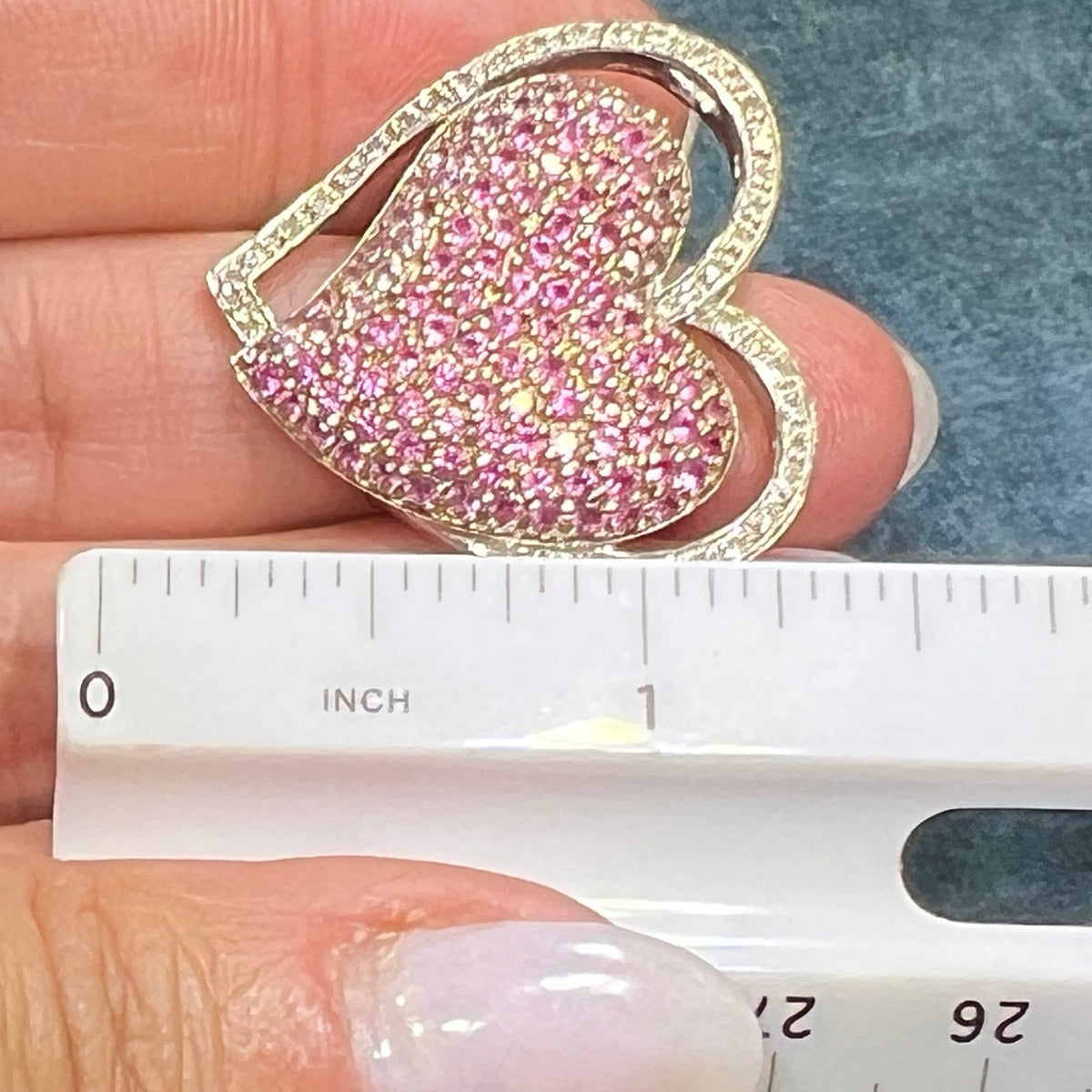 14K White Gold Heart Pendant w Pave Diamonds + Rubies. 1" + 6g *Video*