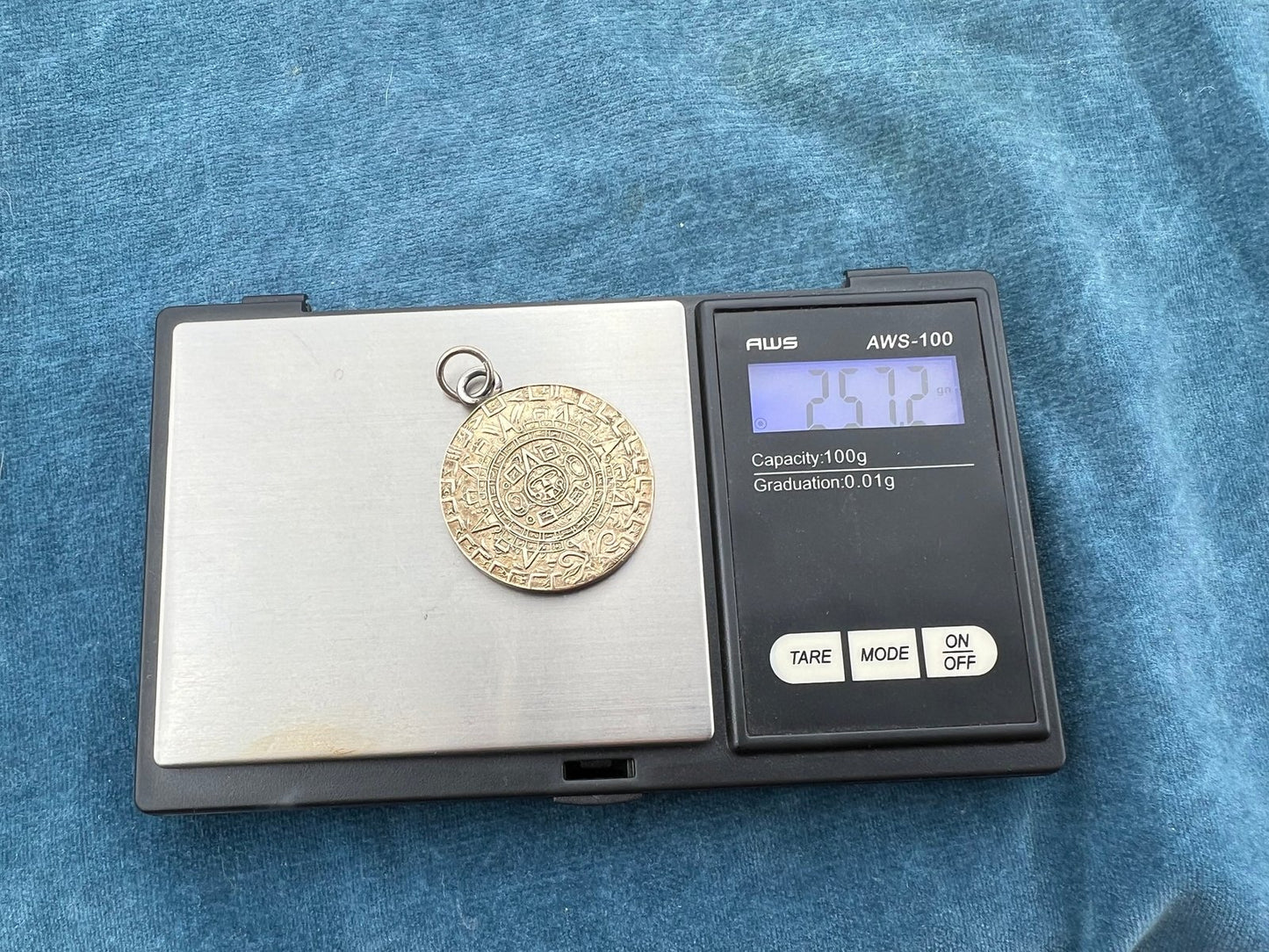 14k Gold + 925 Mayan Aztec Calendar Medallion Pendant. 25g + 1.5"