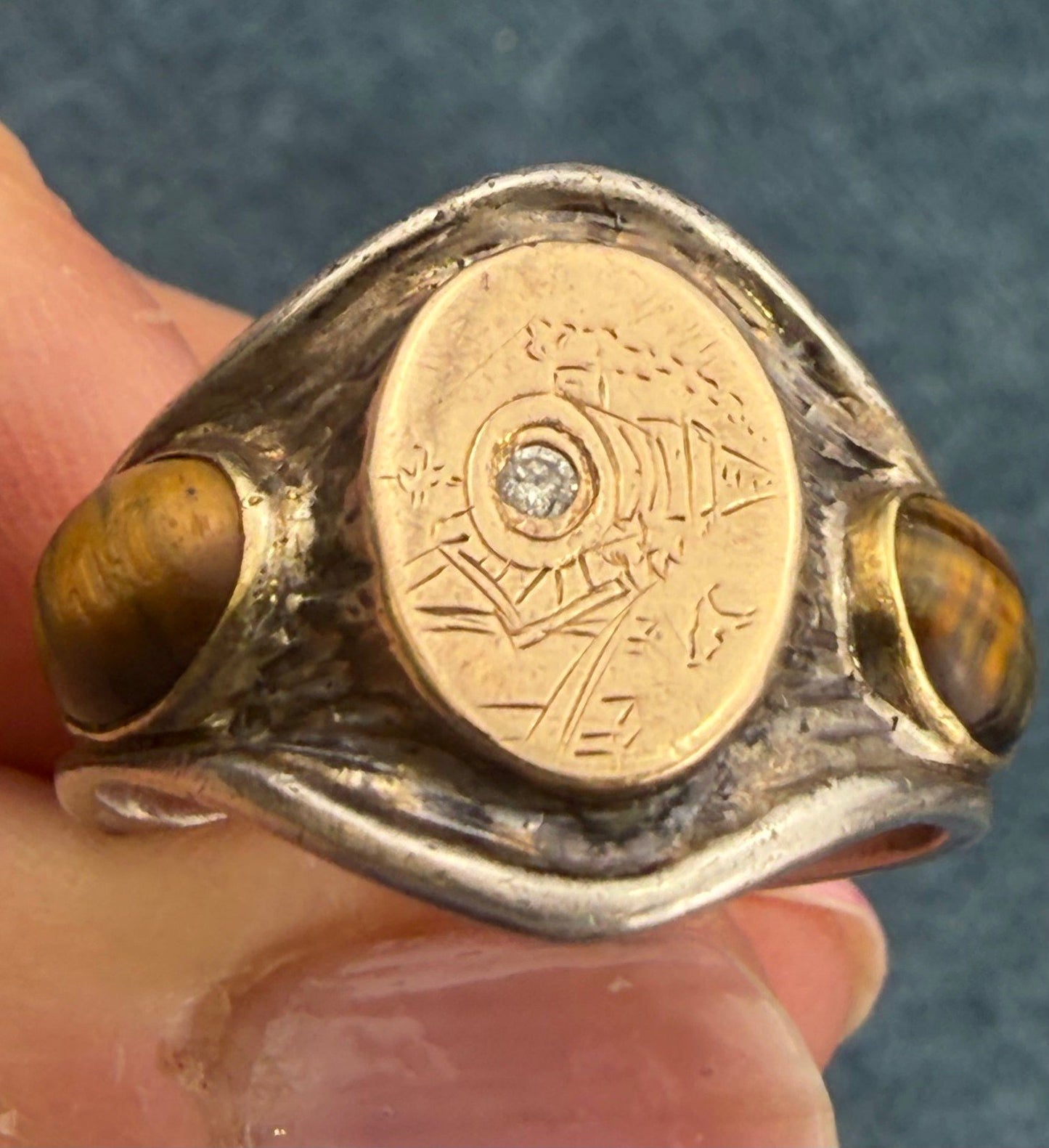 14k Gold & 925 Wild West Train Signet Mens Ring w Rose Cut Diamond