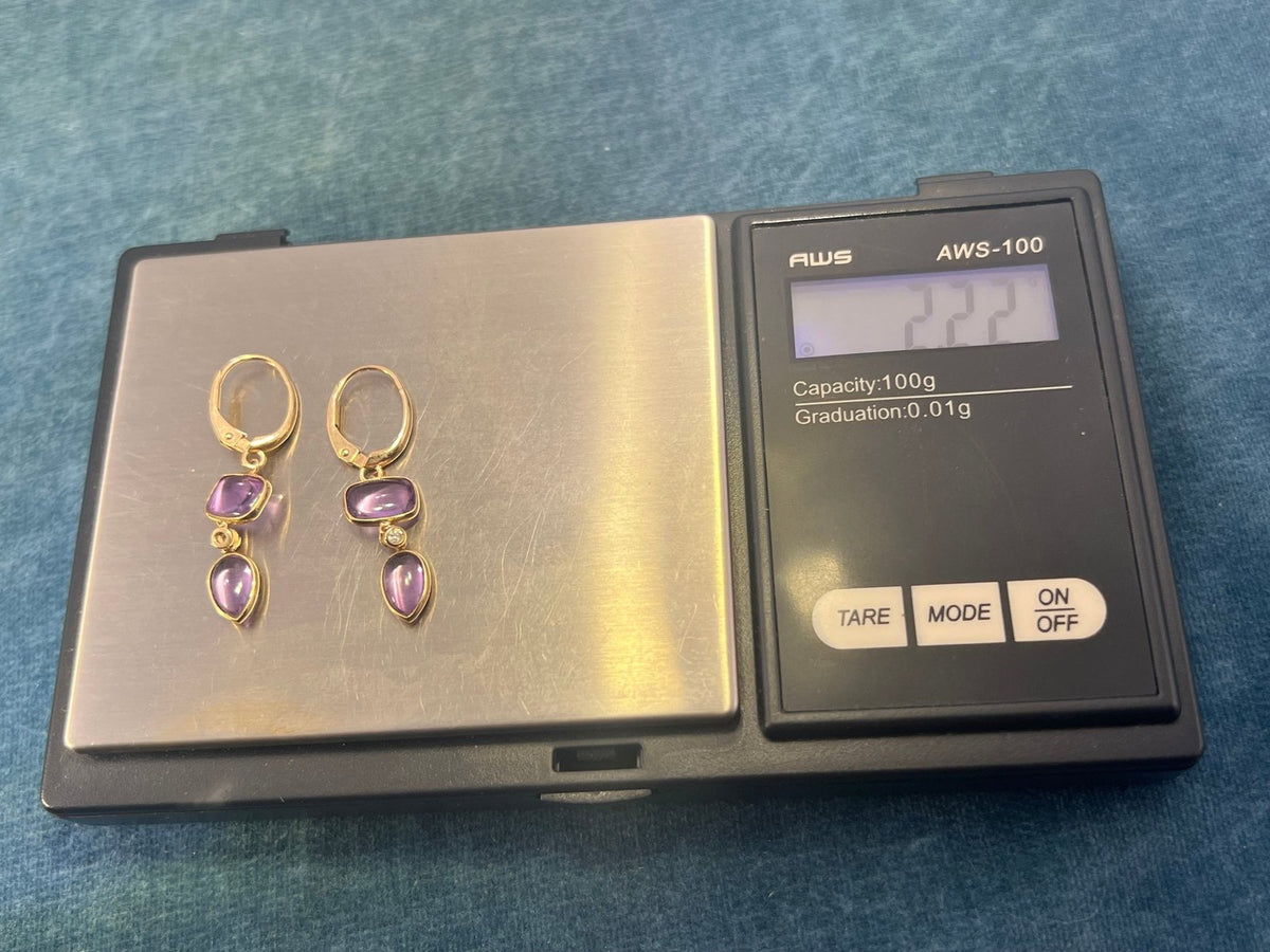 14k Gold Amethyst Cabochon + Diamond Dangle Earrings. Leverbacks