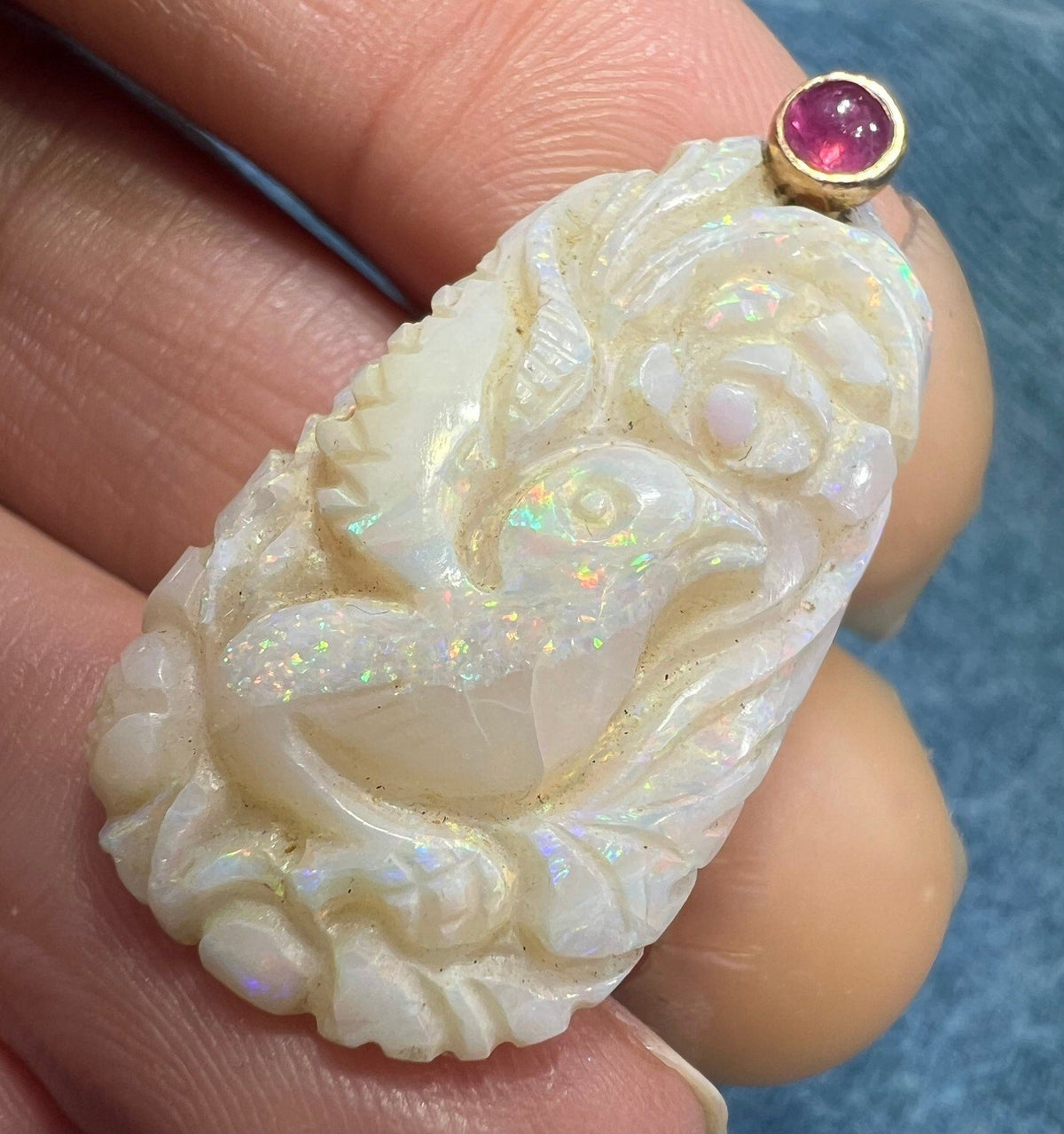 14k Gold Australian Opal Carved Song Bird Pendant *Video* 1.5"