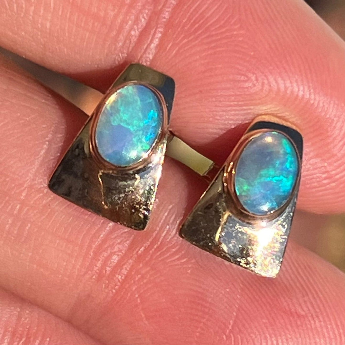 14k Gold Australian Opal Hammered Curved Earrings *Video*