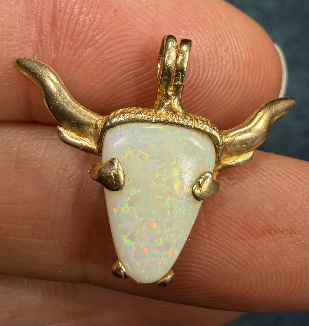 14k Gold Australian Opal TEXAS Longhorn Steer Pendant. OOAK *Video*