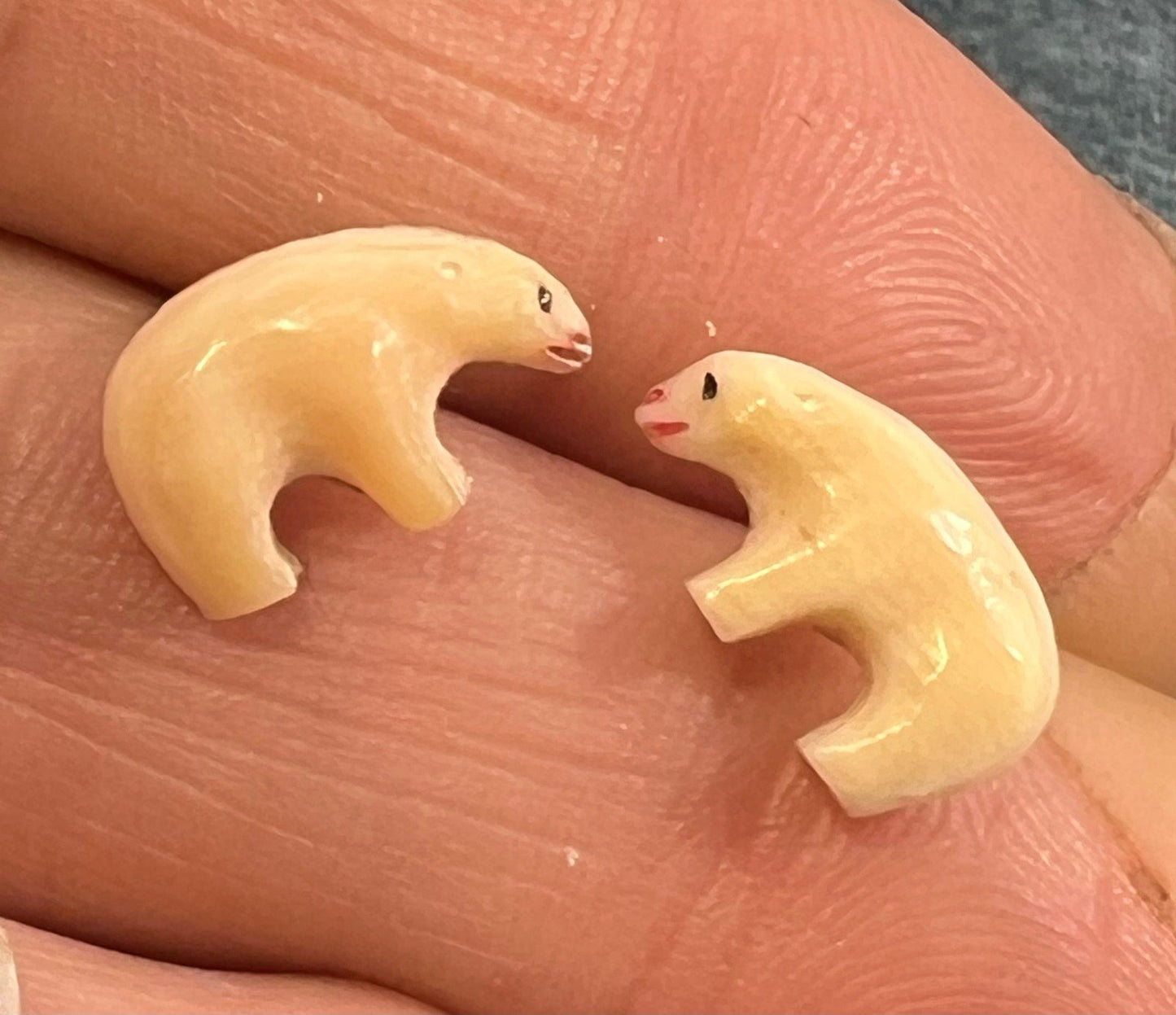 14k Gold Carved 1940s Alaskan Polar Bear Earrings. Tiny!