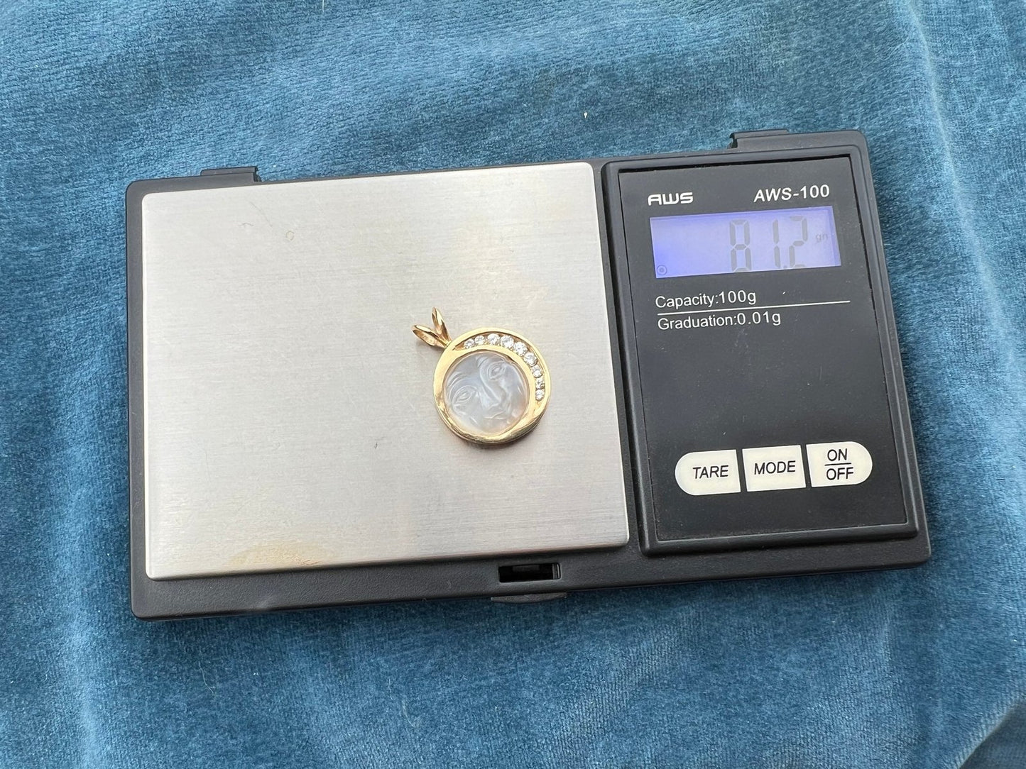 14k Gold Carved Moonstone Crescent "Man in Moon" Pendant w Diamonds *Video*