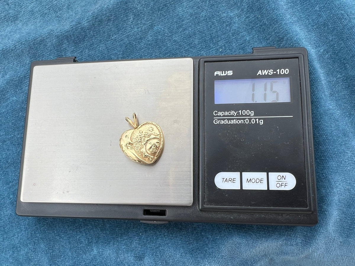 14k Gold Celestial Sun + Moon Face Puffy Heart Pendant. Reversible