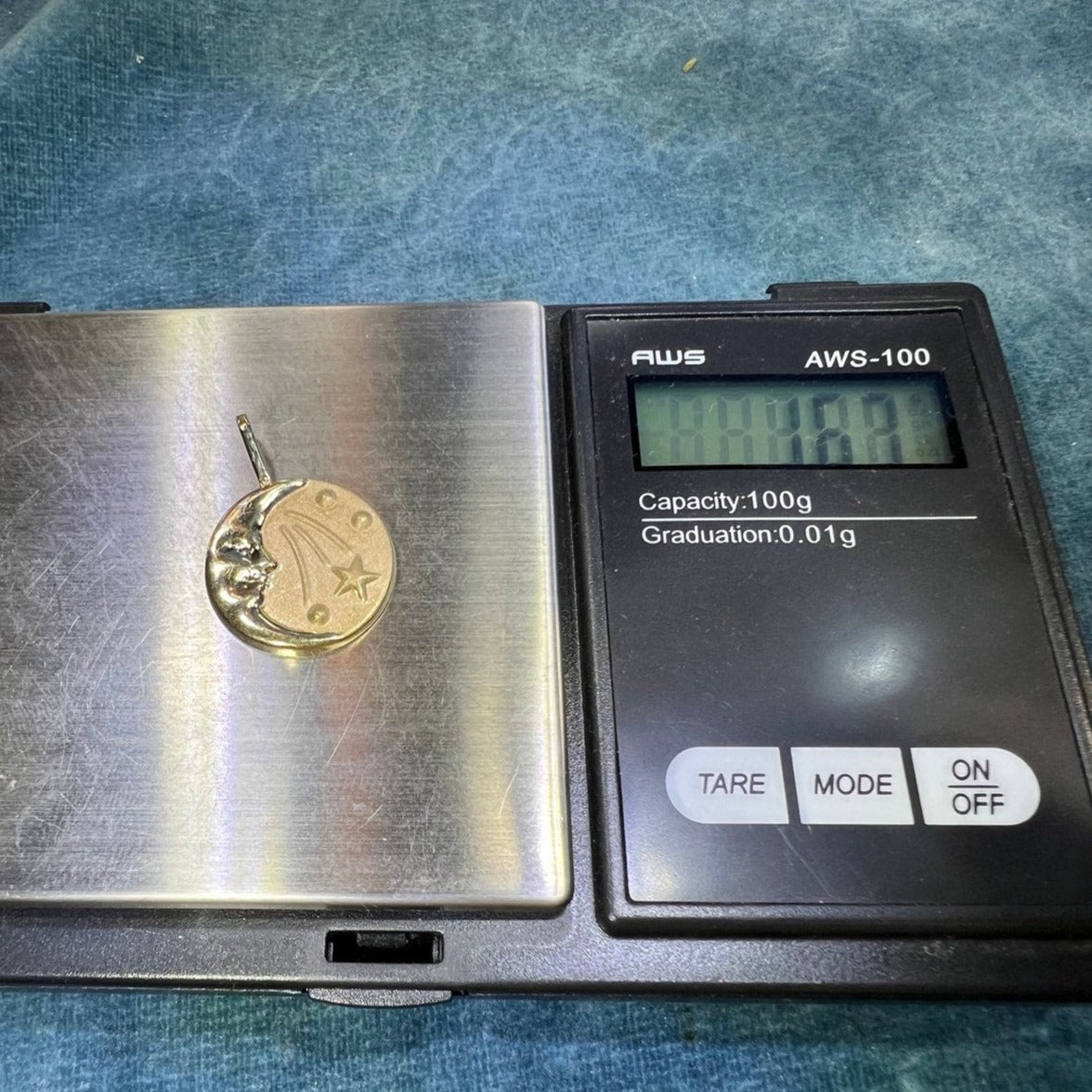14k Gold Crescent Man-in-the-Moon Shooting Star Disk Pendant - L