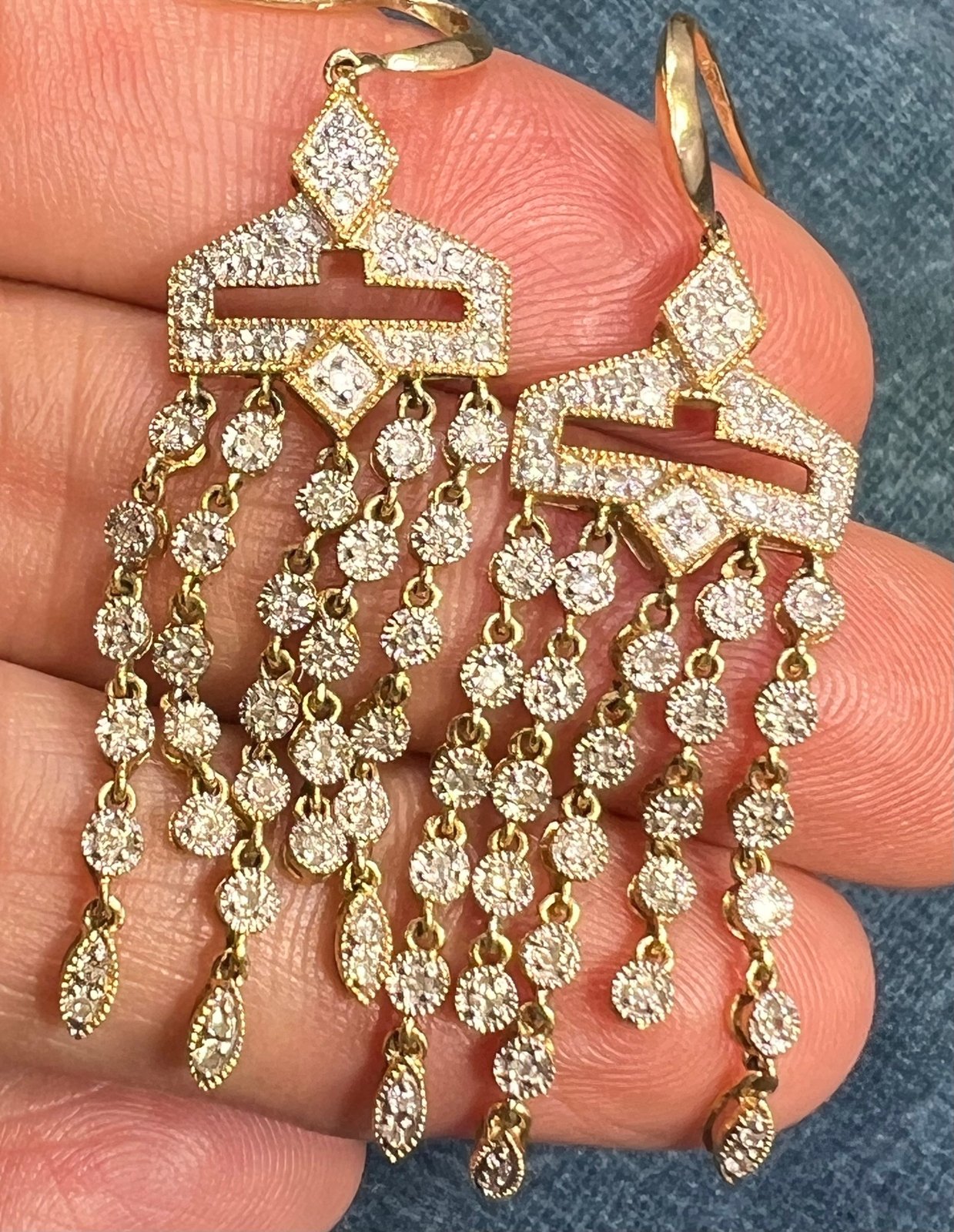 14k Gold Diamond Art Deco Style Chandelier Fringe Statement Earrings. 2"