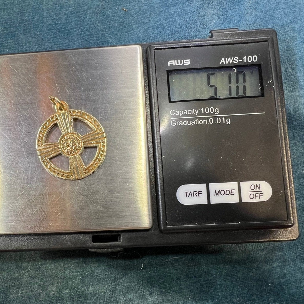 14k Gold Encircled Sunburst Cross Medallion Pendant. Designer JA