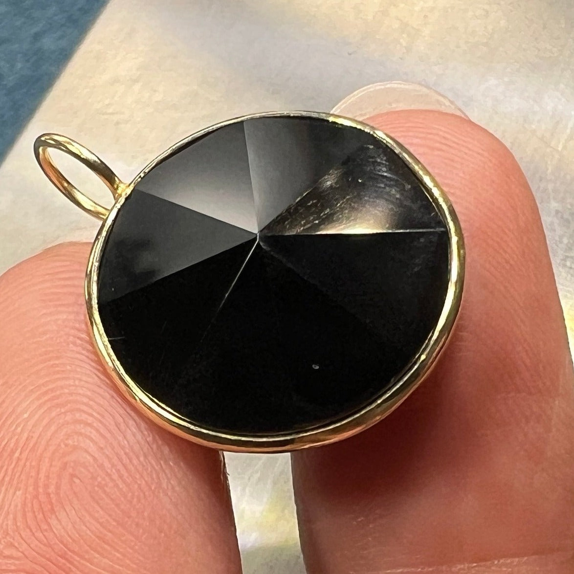 14k Gold Faceted Black Onyx Circle Full Moon Pendant. Art Deco