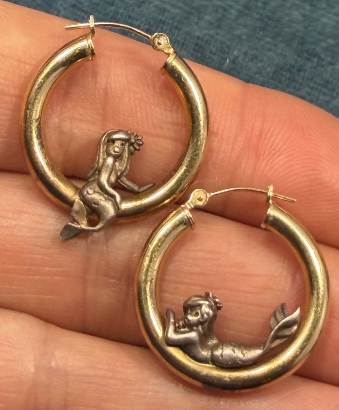 14k Gold Hoop Earrings w Silver Mermaids. Designer Peter Brams