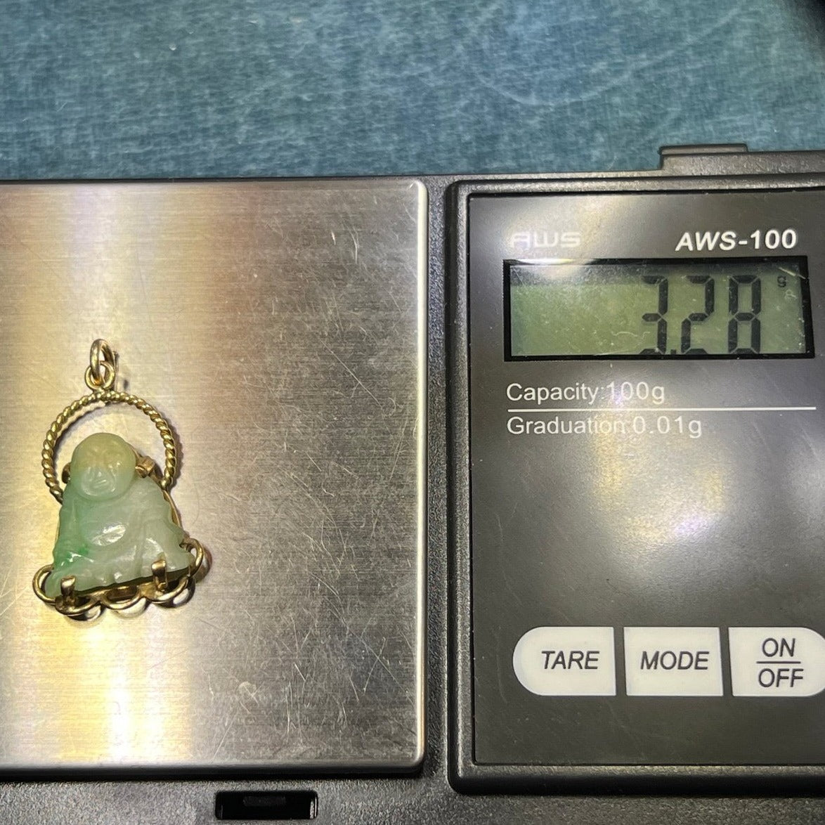 14k Gold Jade Carved Peaceful Buddha Pendant. Halo + Lotus Blossom