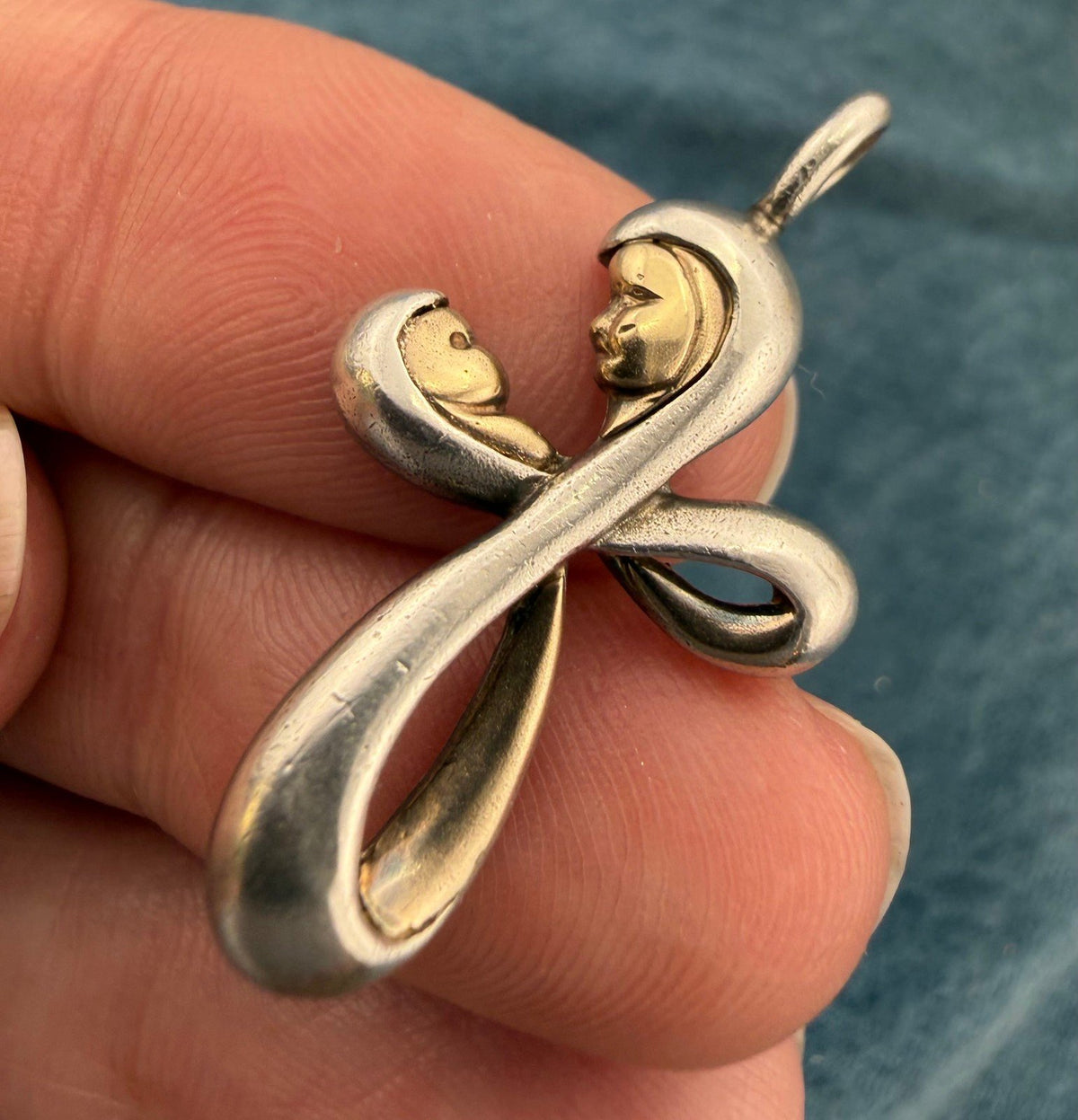 14k Gold Mother + Child in 925 Silver Cross Pendant. Madonna + Baby Jesus