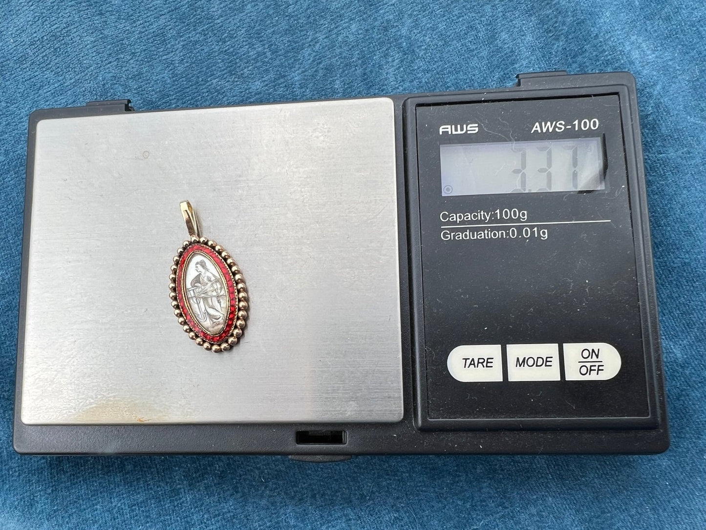 14k Gold Mourning Pendant. Sailor's Widow at Grave. Damage