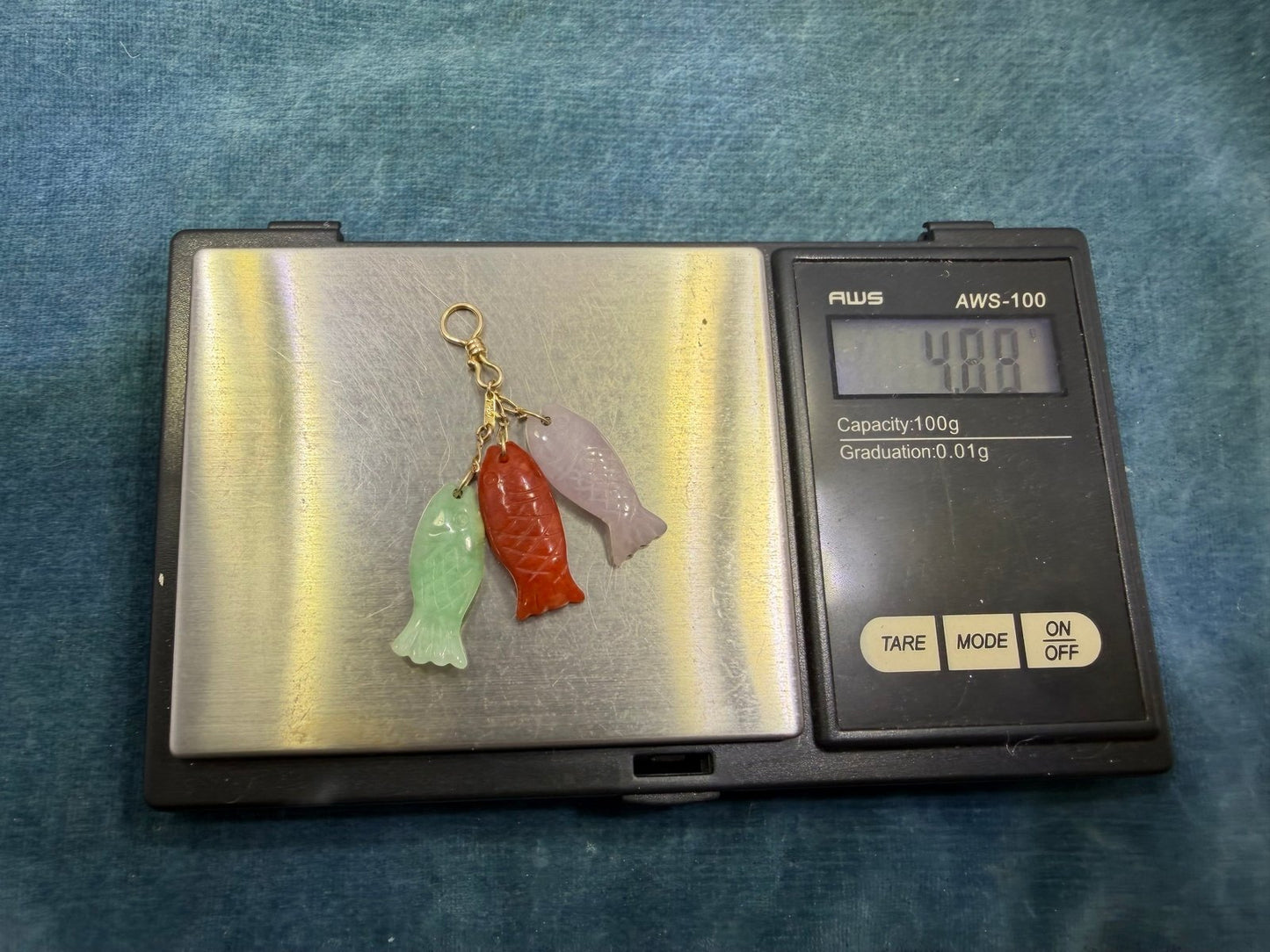 14k Gold Multi-Color Carved Fish Pendant. Lavender Red Green Jade