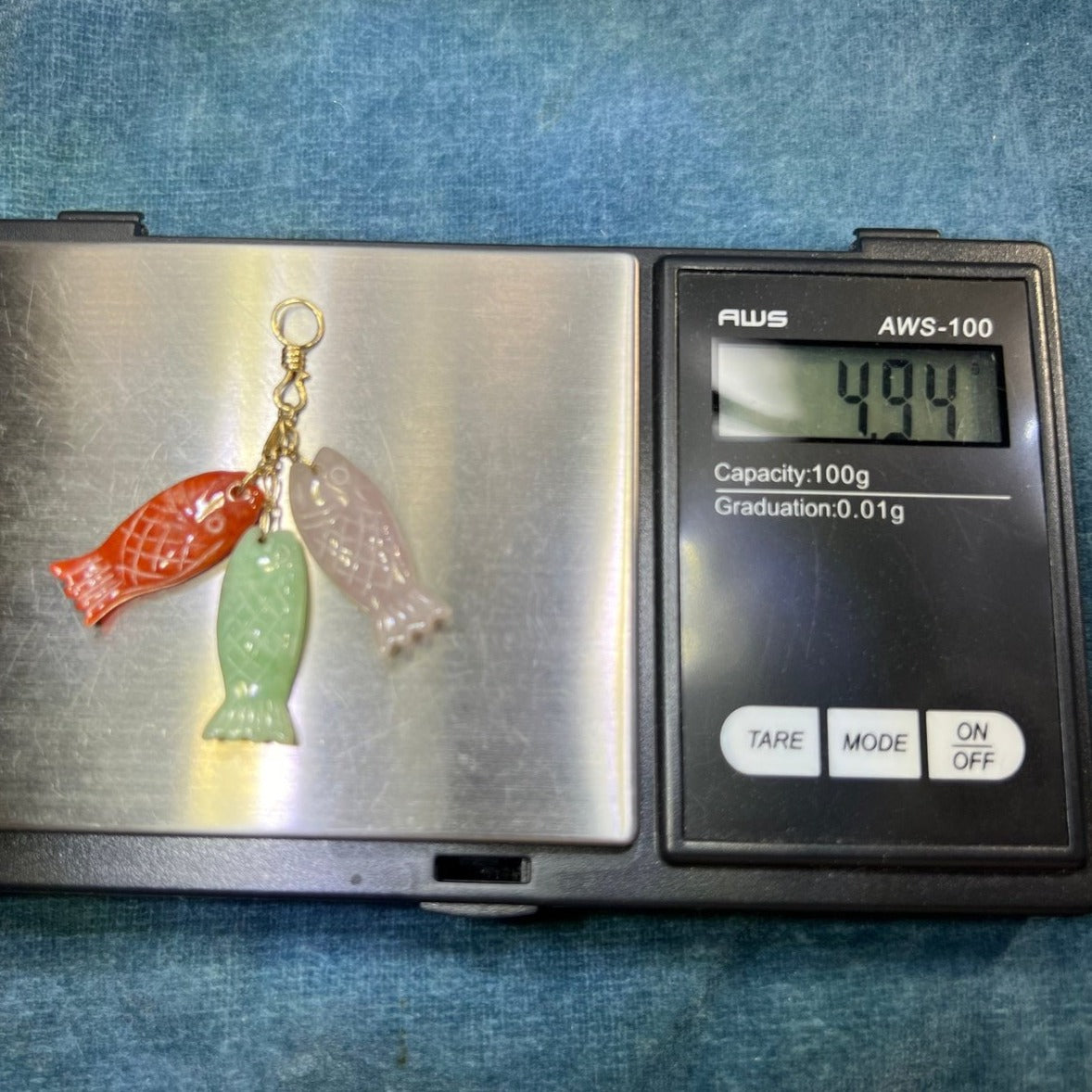 14k Gold Multi-Color Carved Fish Pendant. Red Green + Lavender Jade