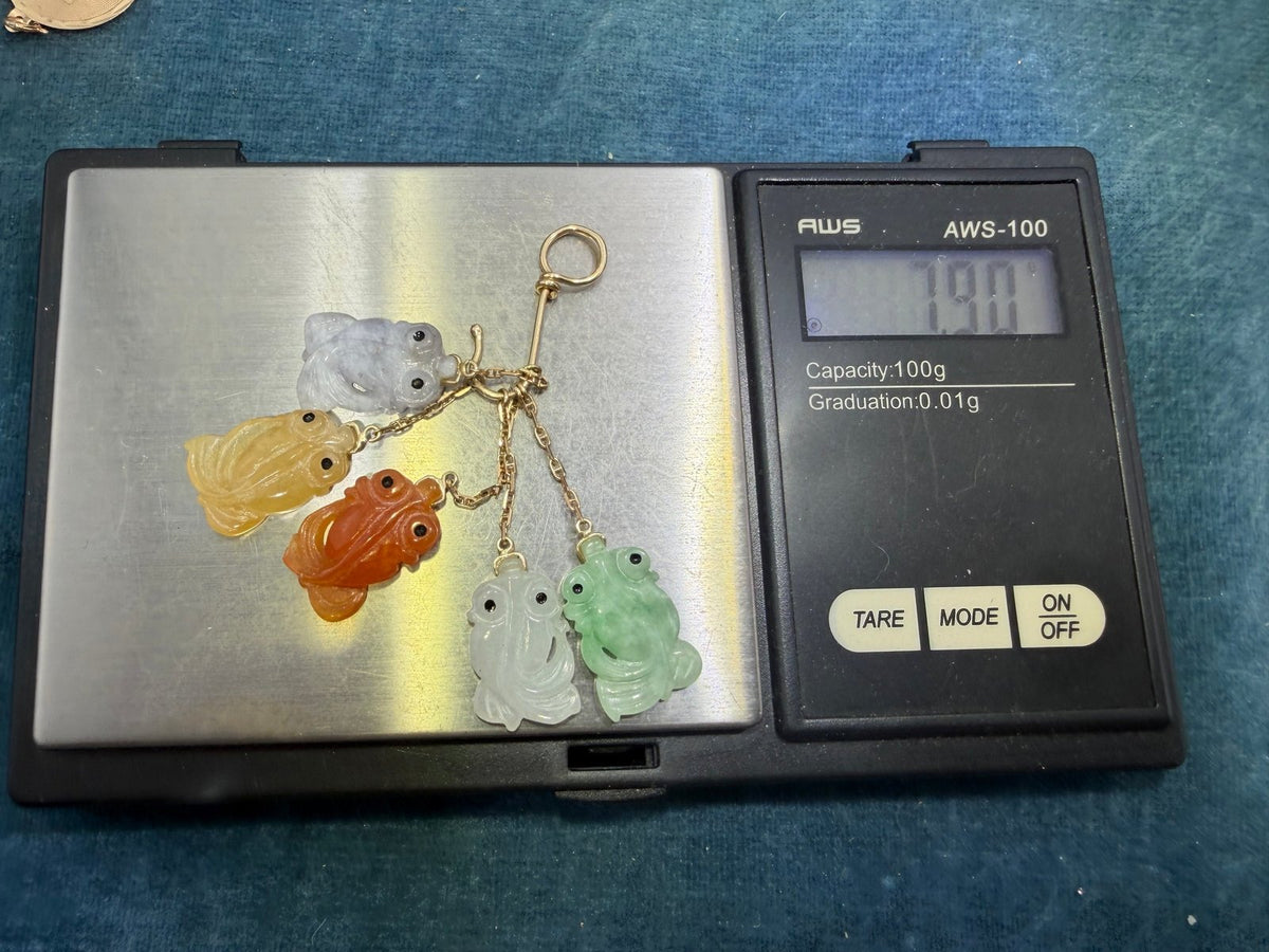 14k Gold Multi-Color Jade Carved Fish on Hook Pendant. 2" + 7.9g Lucky Catch!