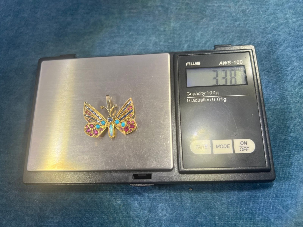 14k Gold Multi-Gem Antique Butterfly Pendant. Sapphire Diamond Opal *Video*