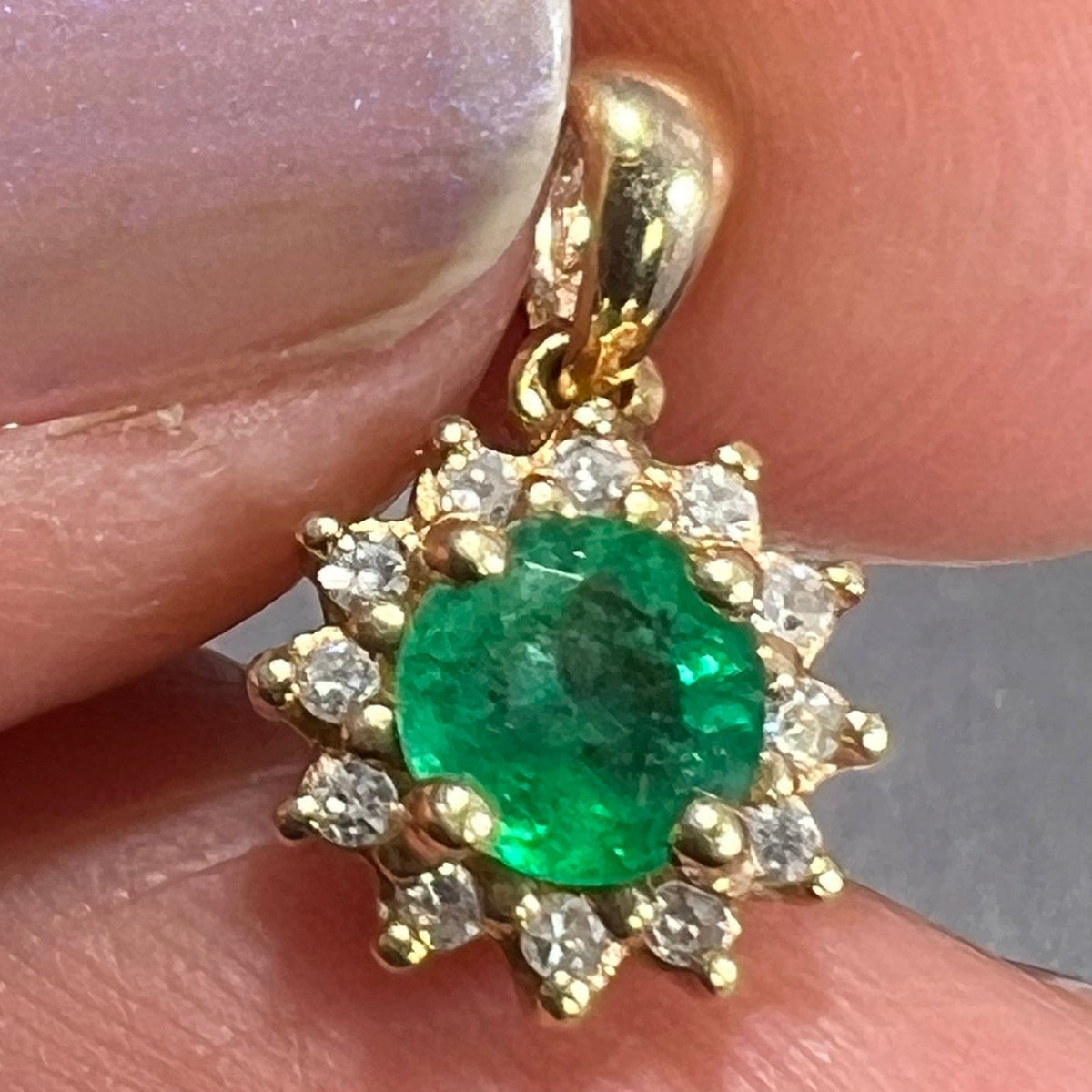 14k Gold Natural Emerald & Diamond Halo Pendant. 1/2" *Video*