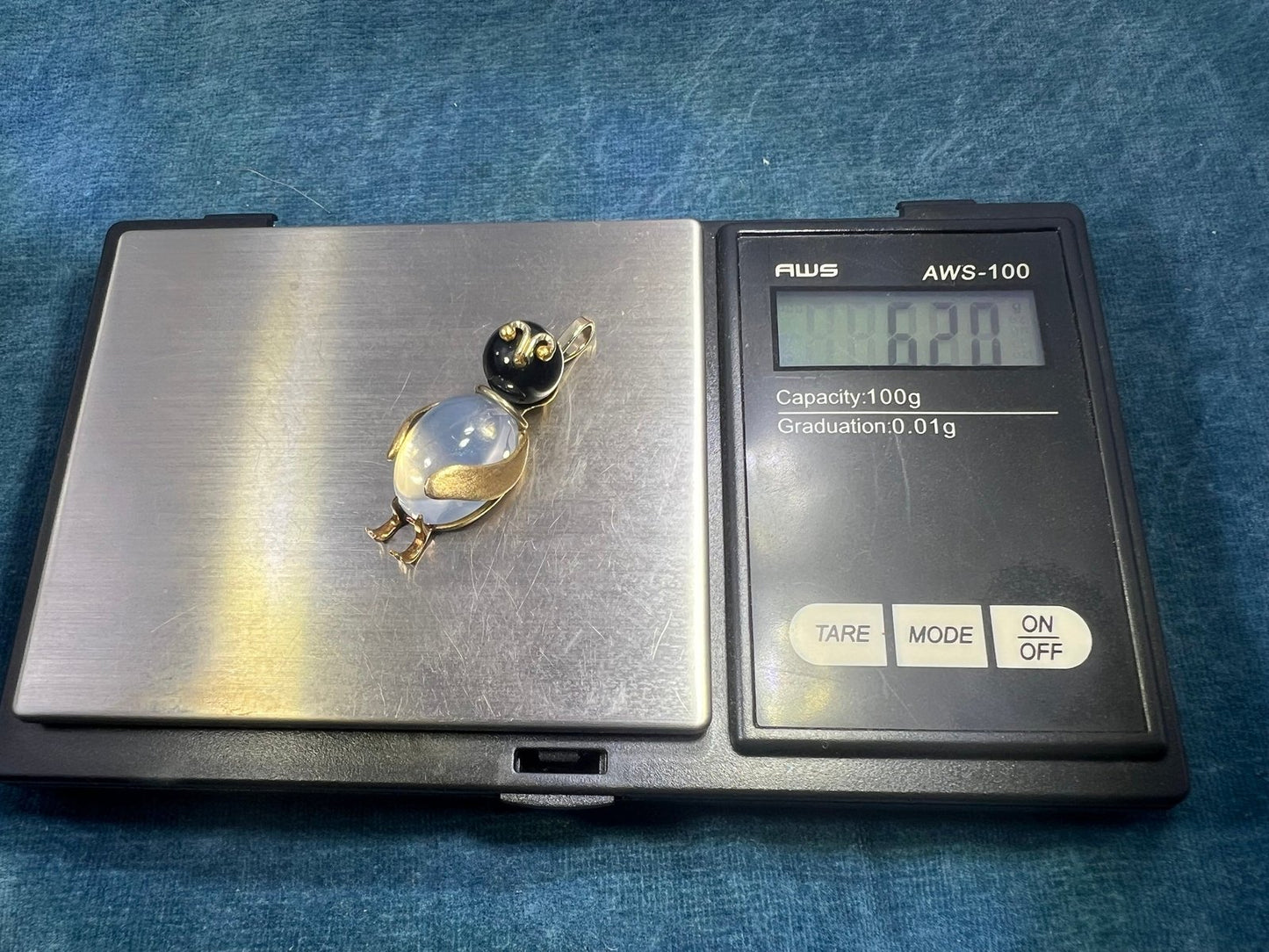 14k Gold Onyx + Crystal Cabochon Jelly Belly PENGUIN Bird Pendant