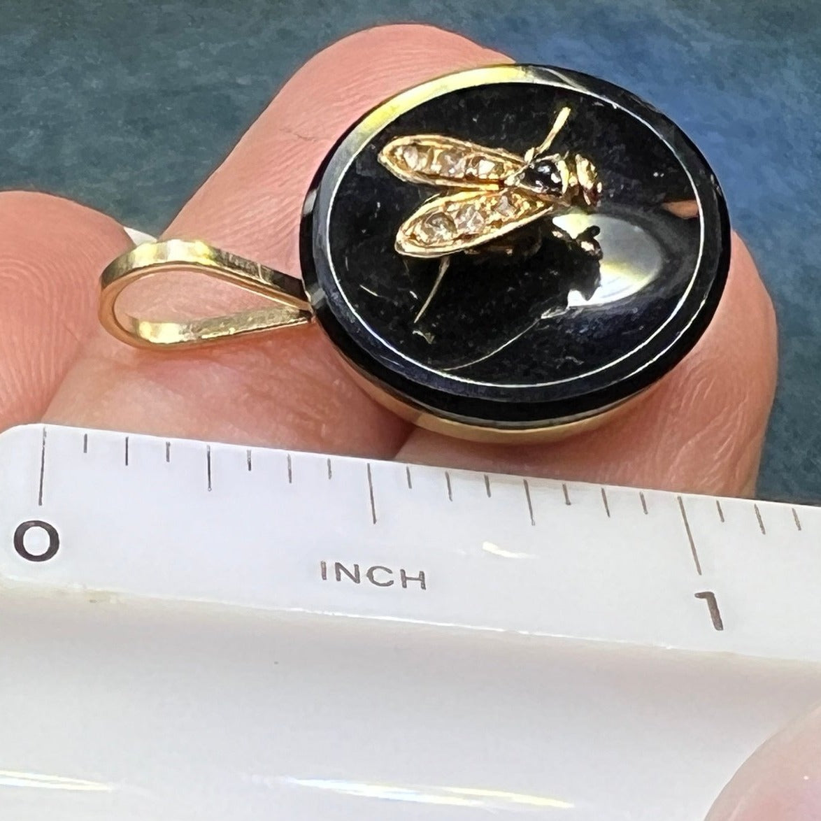 14k Gold Onyx Disk w TINY Rose-Cut Diamond Fly Insect Bee Pendant - R