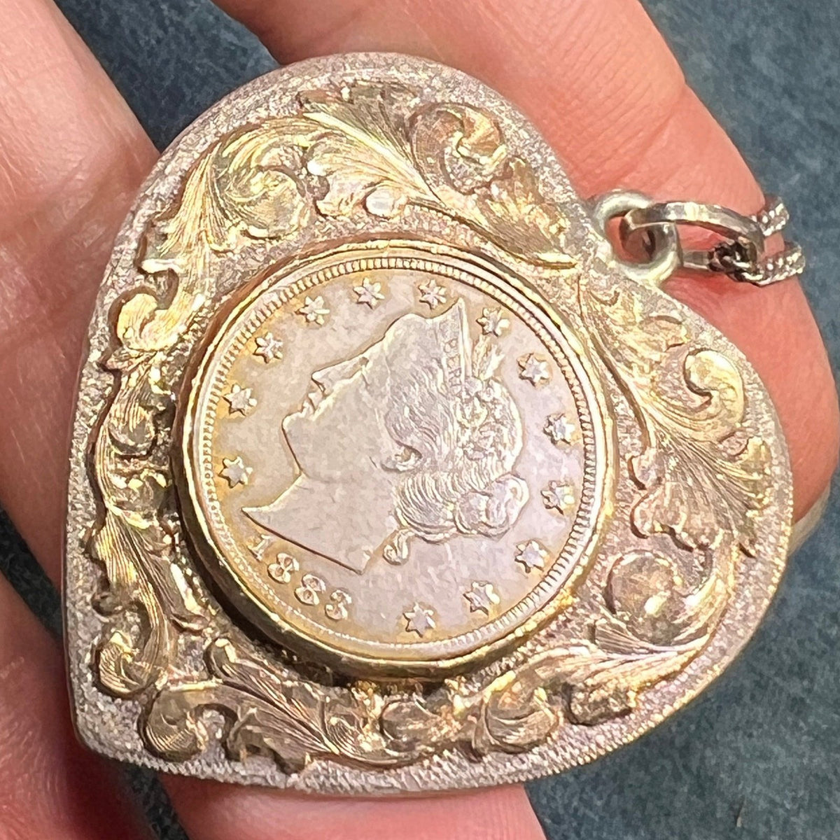 14k Gold + Silver 1883 LIBERTY HEAD Coin Heart Pendant. 1.7"