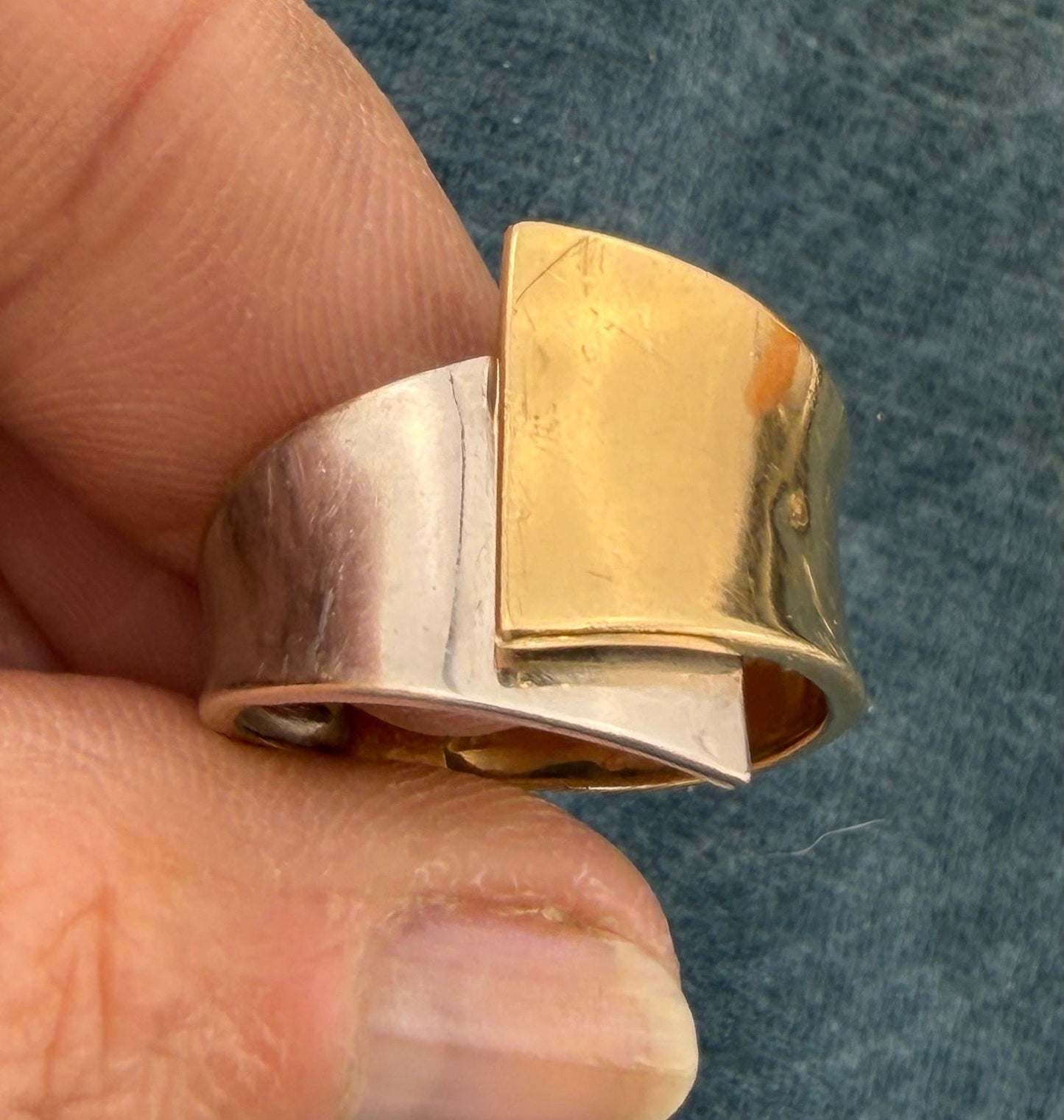 14k Gold + Silver Wide Modern Cigar Band Designer Ring *Dent*