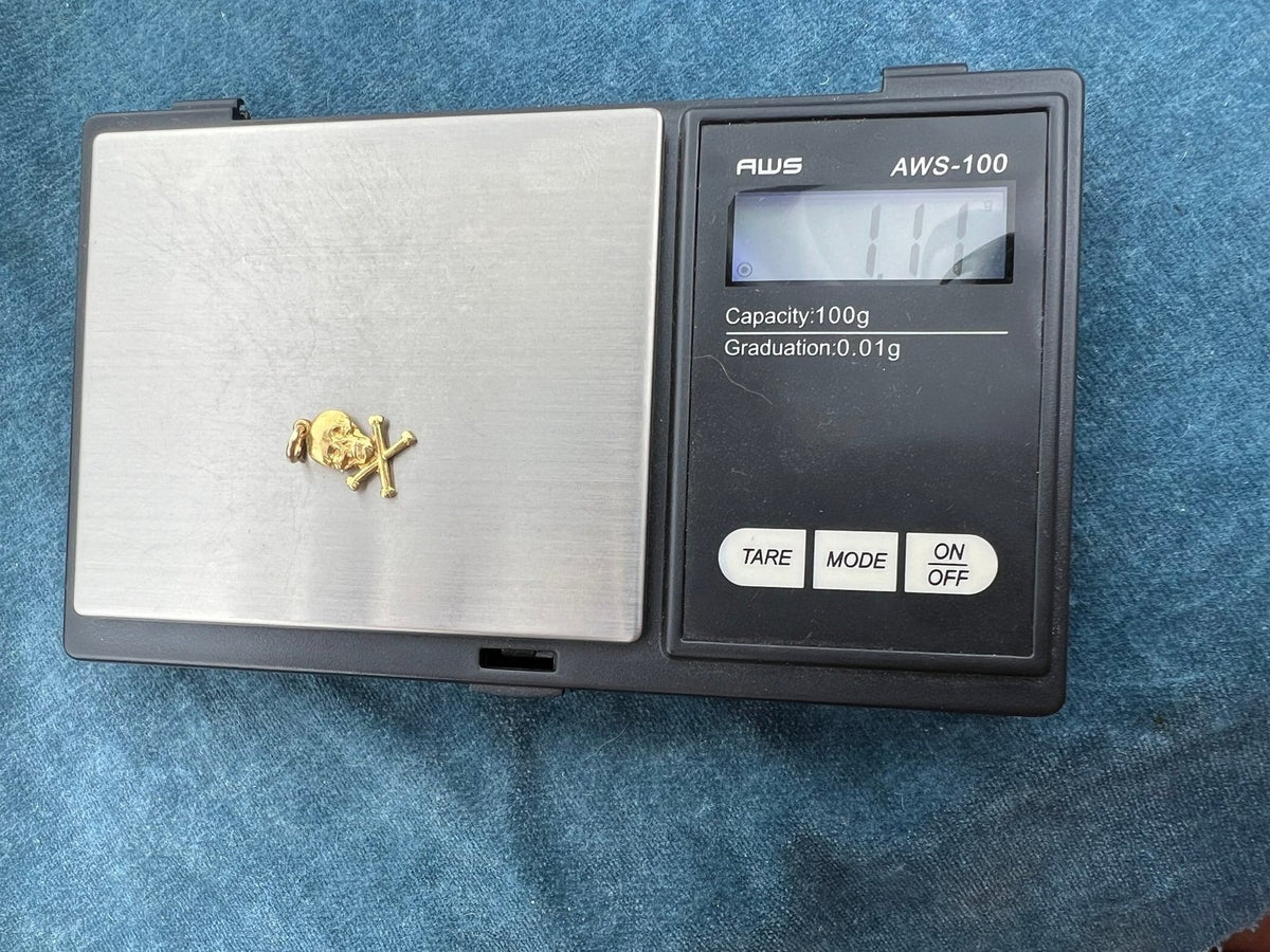 14k Gold Skull + Cross Bones Jolly Roger Pendant