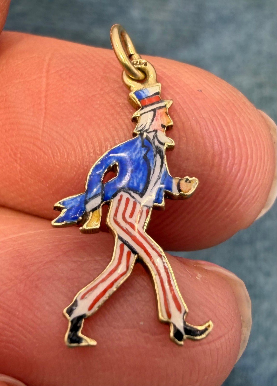 14k Gold UNCLE SAM Pendant. Red White Blue Enamel. 1930s Charm