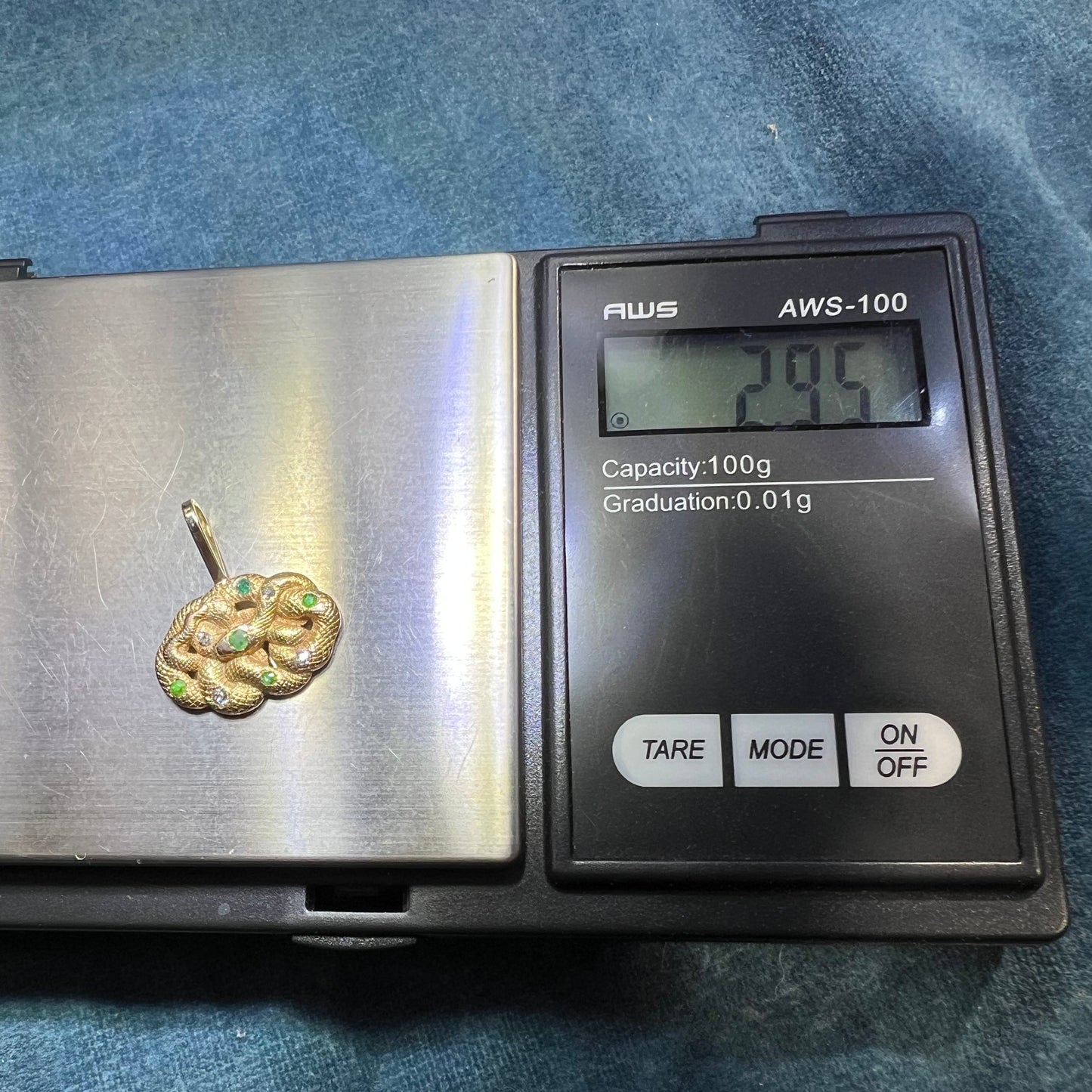 14k Gold Victorian Love Knot SNAKE Pendant. Diamond Emerald + Garnet E