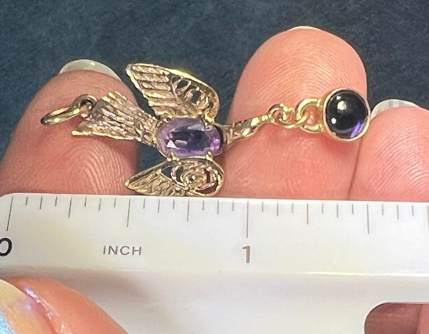 14k Gold Victorian Swallow Bird Pendant w Amethyst + Iolite Cabochon
