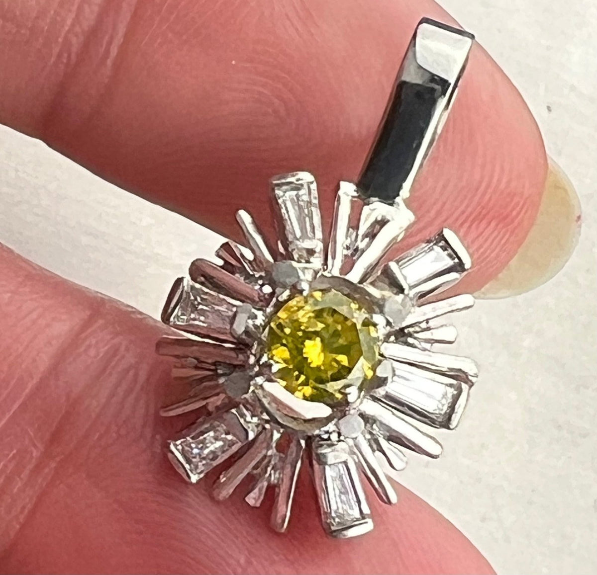 14k Gold WG Canary Yellow Diamond Daisy Pendant w Diamond Baguette Halo *Video*