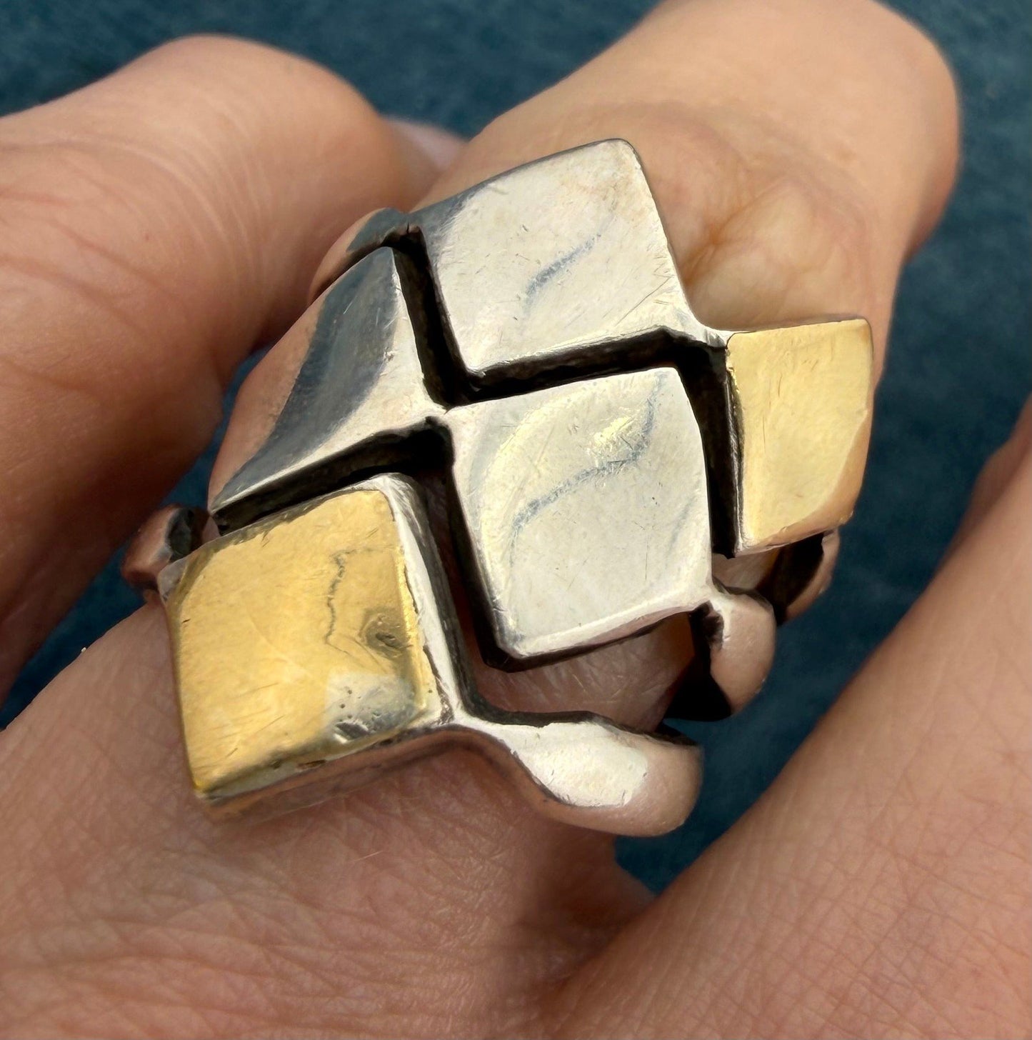 14k Gold and 925 Silver MCM Modernist Wide Ring. Geometric