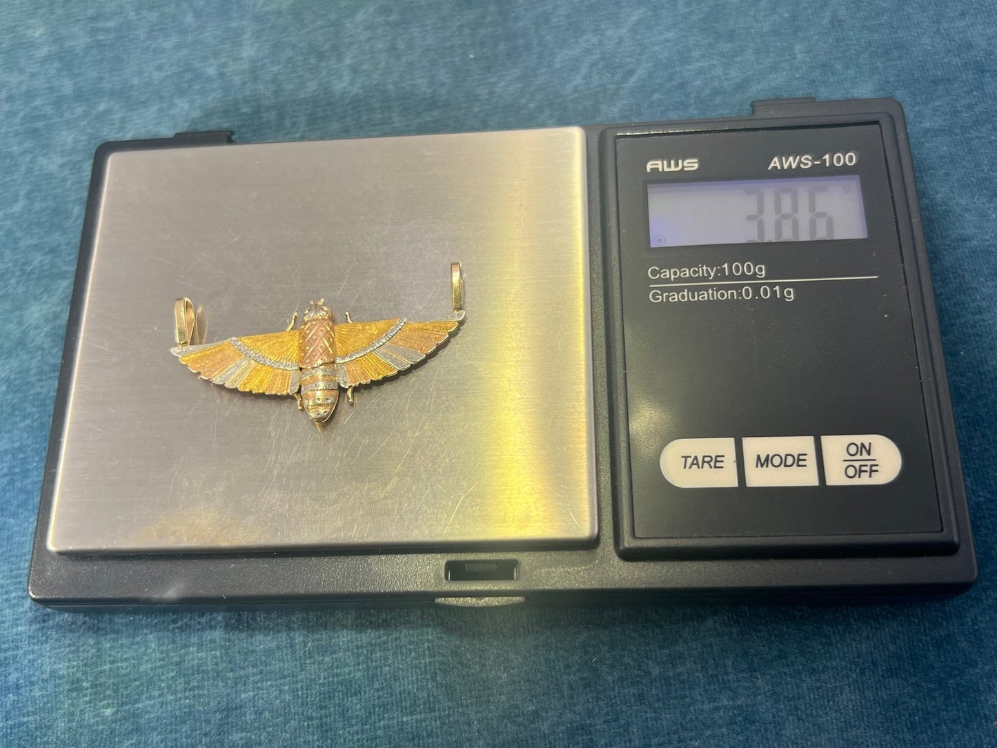 14k Tri-Color Gold Antique 3-D Egyptian Winged Scarab Pendant