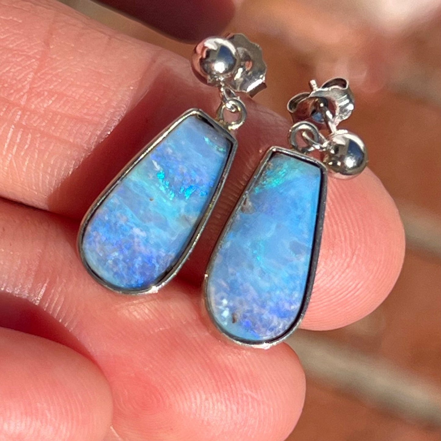 14k White Gold Australian "Ocean Blues" Boulder Opal Earrings